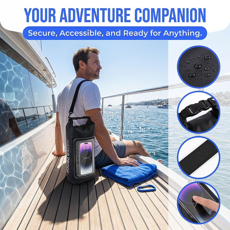 Dry Bag Waterproof for Women Men, 2L Roll Top Lightweight Dry Storage Bag Backpack with Phone Case for Travel Swimming Boating Kayaking Paddle Board Camping Beach Accessories, Black