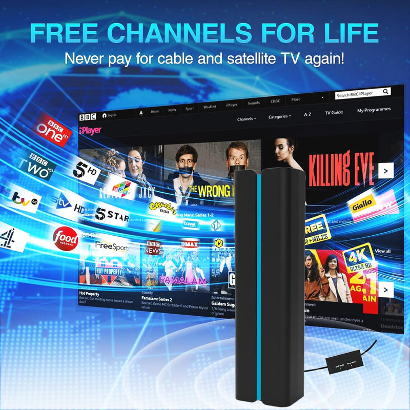 2025 TV Antenna for Local Channels, Long Range Digital HDTV Antenna with Far/Near Gain Switch, 4K 1080P, 360° Omni-Directional, USB Powered, Free Local Channels