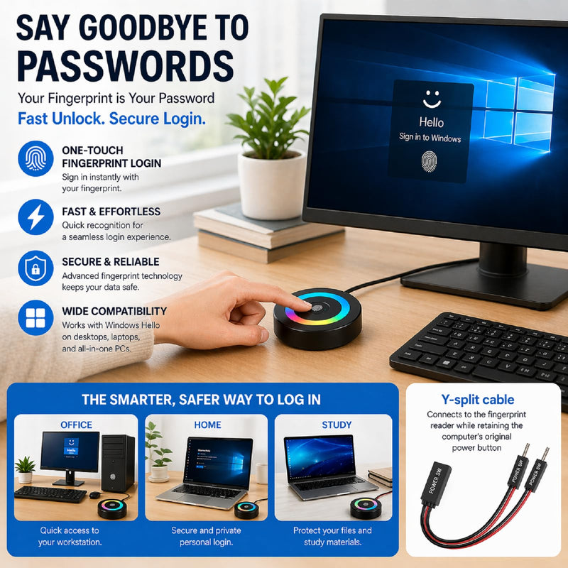 USB Fingerprint Reader for Windows Hello | PC Power Button, RGB Lighting, One-Click Lock, Auto Driver Install, 5ft Extension Cable