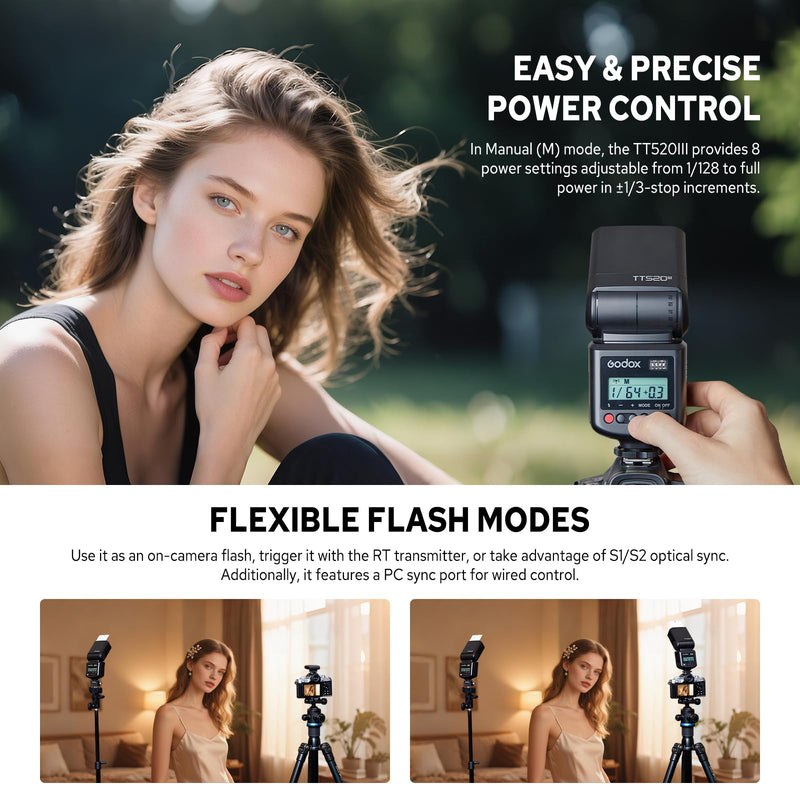 Godox TT520III Camera Flash with RT-16 433MHz Wireless Trigger Transmitter | GN33 Universal Manual Speedlite Compatible for Canon Nikon Sony Fujifilm Olympus Panasonic Pentax DSLR Cameras