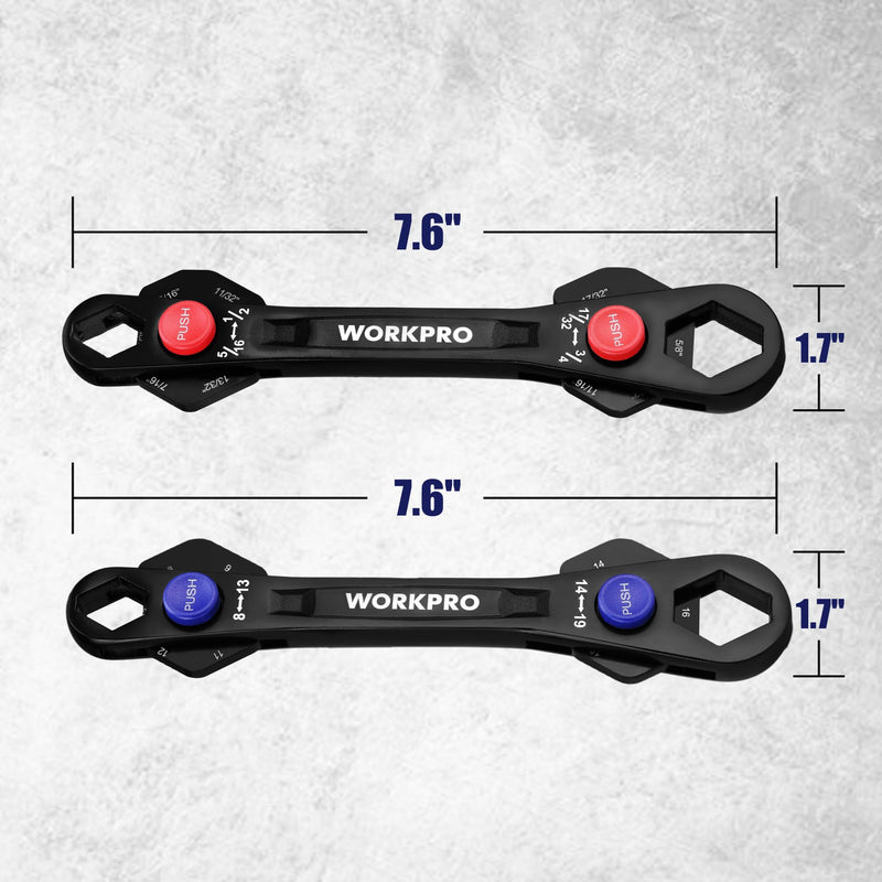 WORKPRO 2-Piece 12-in-1 Universal Adjustable Wrench Set, 8-19mm Metric & 5/16"-3/4" SAE Multi-Size Wrenches with Heat-Treated Cr-Mo Steel, ASME Standard, Multi-Position Head, for Home, Workshop, DIY Metric & SAE Set