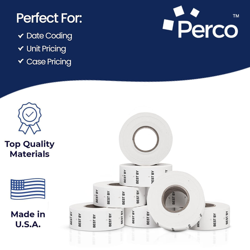 Perco 2 Line Best BY Labels - 8 Rolls, 1 Sleeve, 6,000 Blank Date Gun Labels for Perco 2 Line Date Guns - Made in USA