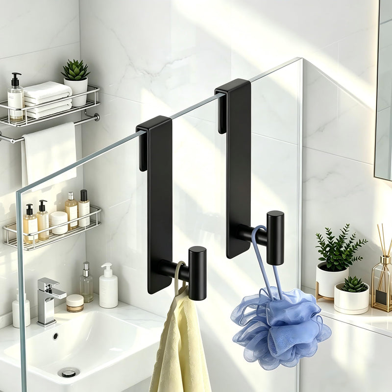 Shower Door Hooks, Heavy Duty Rack Hooks for Robe, Stainless Steel Towel Hooks for Bathroom, Fits Frameless Glass Shower Doors up to 3/8" (10mm) Thick (Black, 2 Pack) "T" Shape- 2 Pack Black