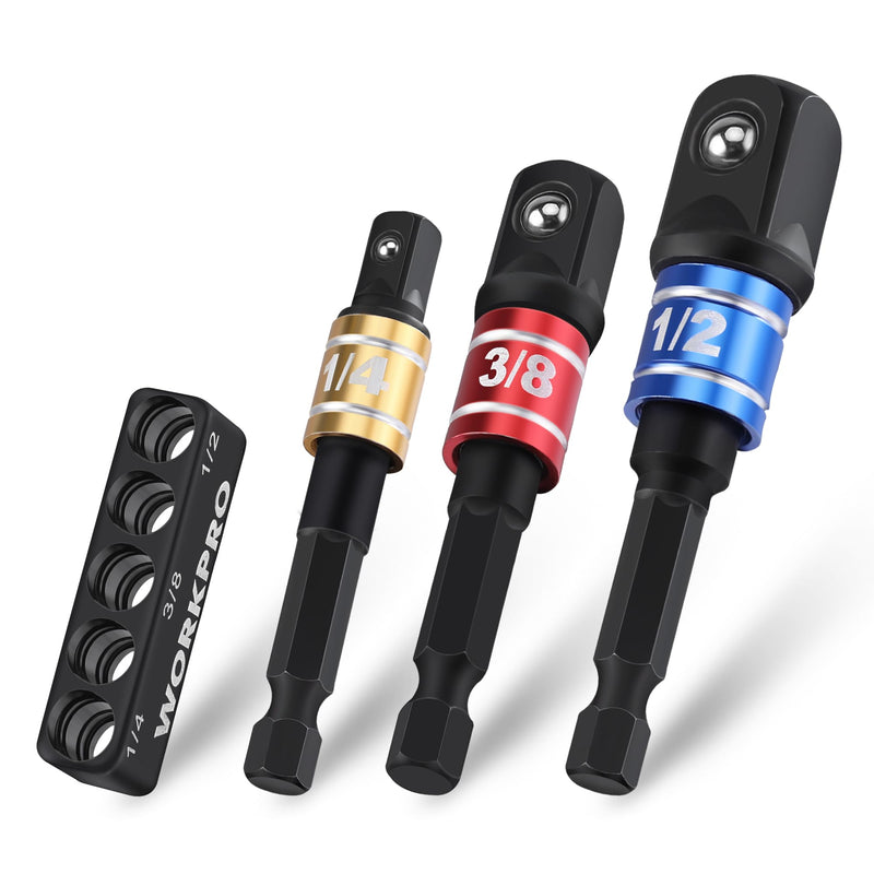 WORKPRO Impact Grade Socket Adapter Set, 1/4", 3/8", & 1/2" Drive, Extension Driver Bit With Holder, for Power Drill to High Torque Impact Wrench 3PCS