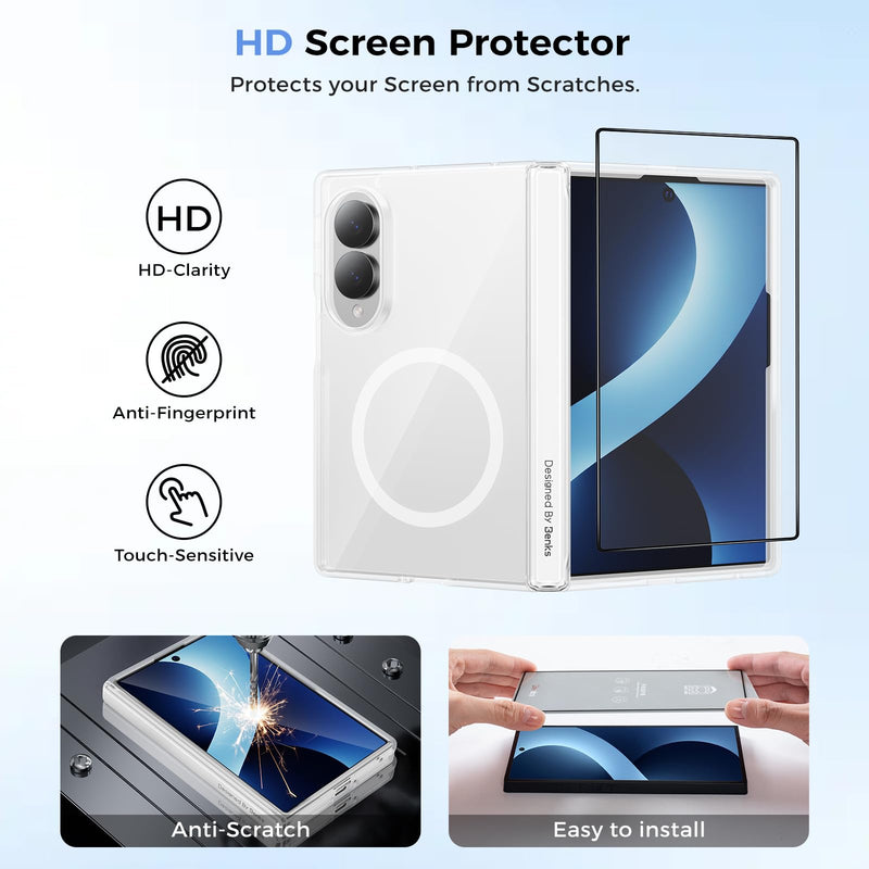 BENKS for Samsung Galaxy Z Fold 8 Case with Screen Protector and Hinge Protection, Magnetic Clear Phone Case, Anti Yellowing Shockproof Protective Transparent Cell Cover, Crystal Grand Combo