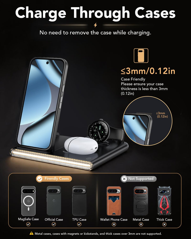 3 in 1 Foldable Wireless Fast Charging Station for Google Pixel Watch 4 | Google Charging Station for pixel 10, Travel Pixel Watch 4 Charger Stand, Light Nightstand Charging Dock (Only for Watch 4) Black