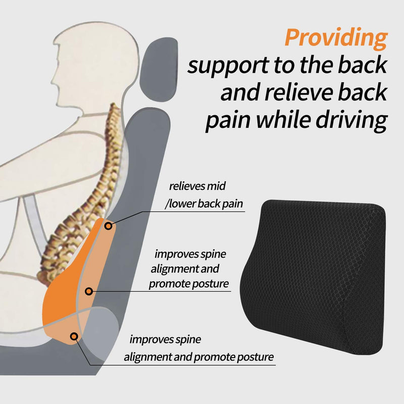 Memory Foam Lumbar Support Pillow for Car - Mid/Lower Back Support Cushion for Car Seat (Black) Black-s