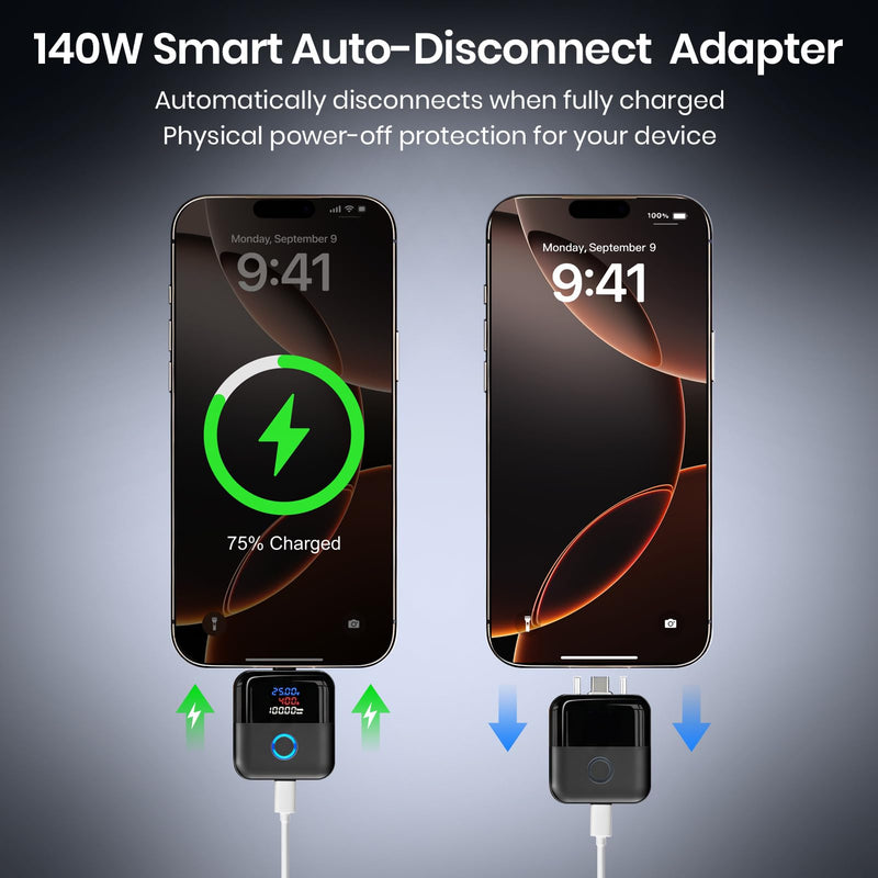 140W AI Smart Auto Stop Charging Adapter with LED Display | Type C Auto Cut-Off Charger Protector, Prevent Battery Aging and Extend Equipment Lifespan for Phone Laptop（Black） Black