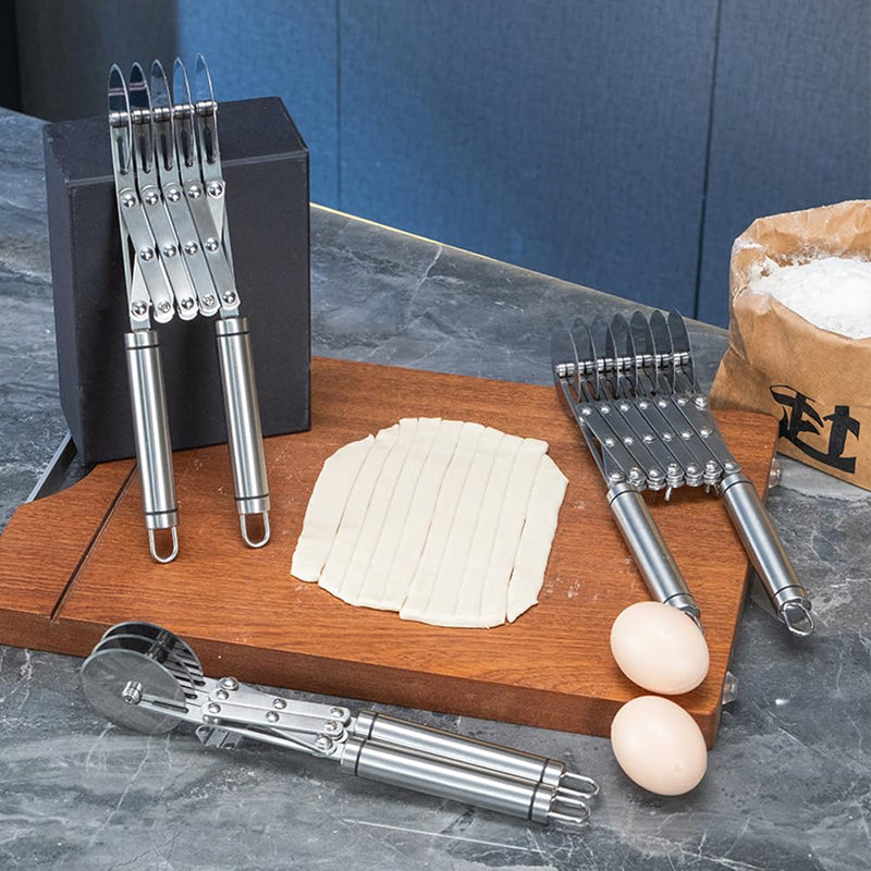 7 Wheel Pastry Cutter Tool,Adjustable Pasta Cutter wheel with Handle, Stainless Steel Multiple Pasta Roller Cutter tools, Baking Roller Pizza Cutter Slicer Silver