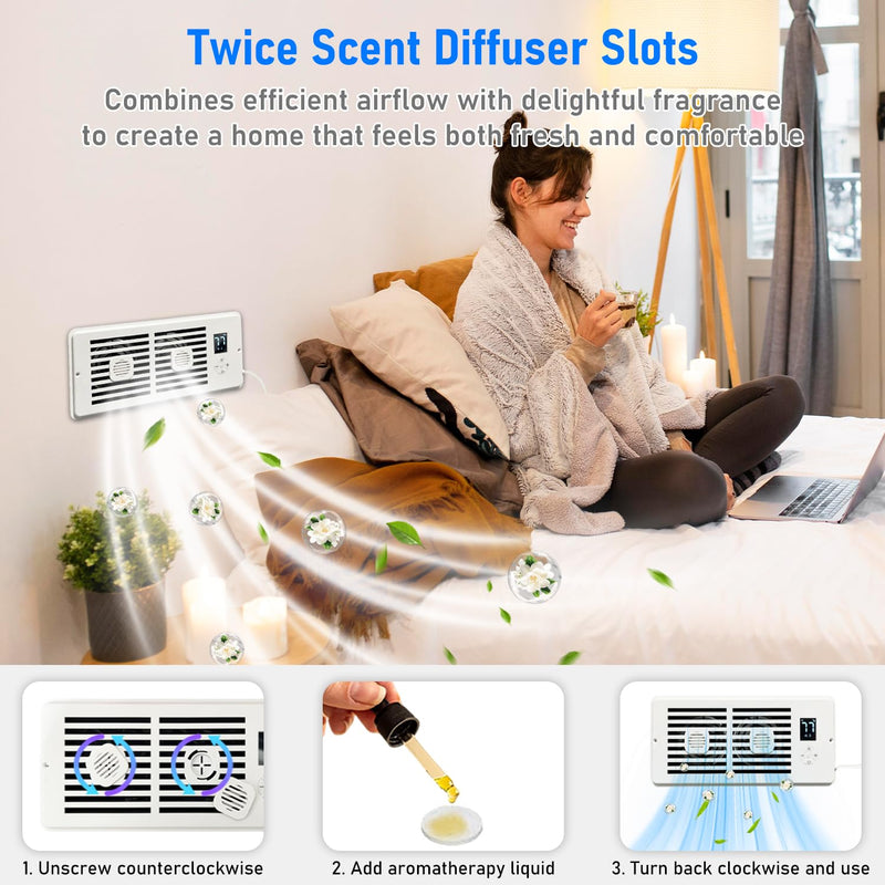 Smart Register Booster Fan for 4" x 10" Vents, Vent Fan Booster (White) | 2 Scent Diffuser Slots, 10-Speed, Remote Control, 3-Mode, LCD Screen, Thermostat Control, Improves Uneven Heating and Cooling White 4'' x 10''