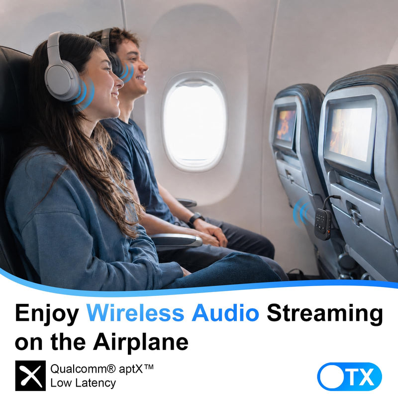 Bluetooth Transmitter Receiver, Airplane Bluetooth Adapter for TV (Black) | Bluetooth 5.3 Airplane Travel Essentials 2-in-1 Wireless Bluetooth Adapter Dual Link for Headphones Low Latency with Mic Black