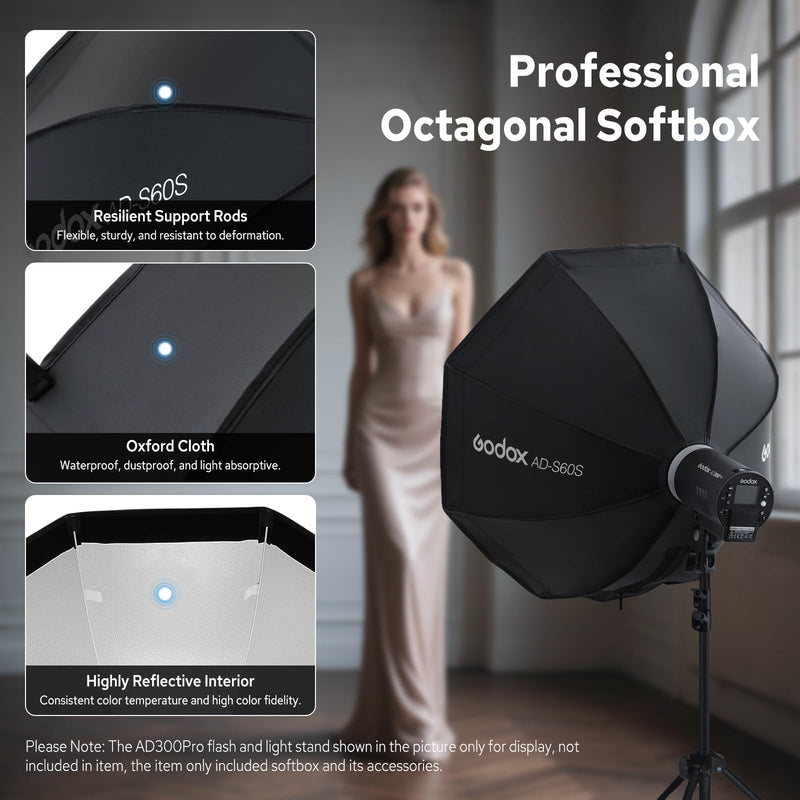 Godox AD-S60S Softbox, Portable Godox Mount Softbox, 60cm/23.6inch Soft Box with Grid for AD400 Pro II AD300 Pro Strobe Flash and ML60 ML60Bi ML60II Bi ML100R ML100Bi LED Light