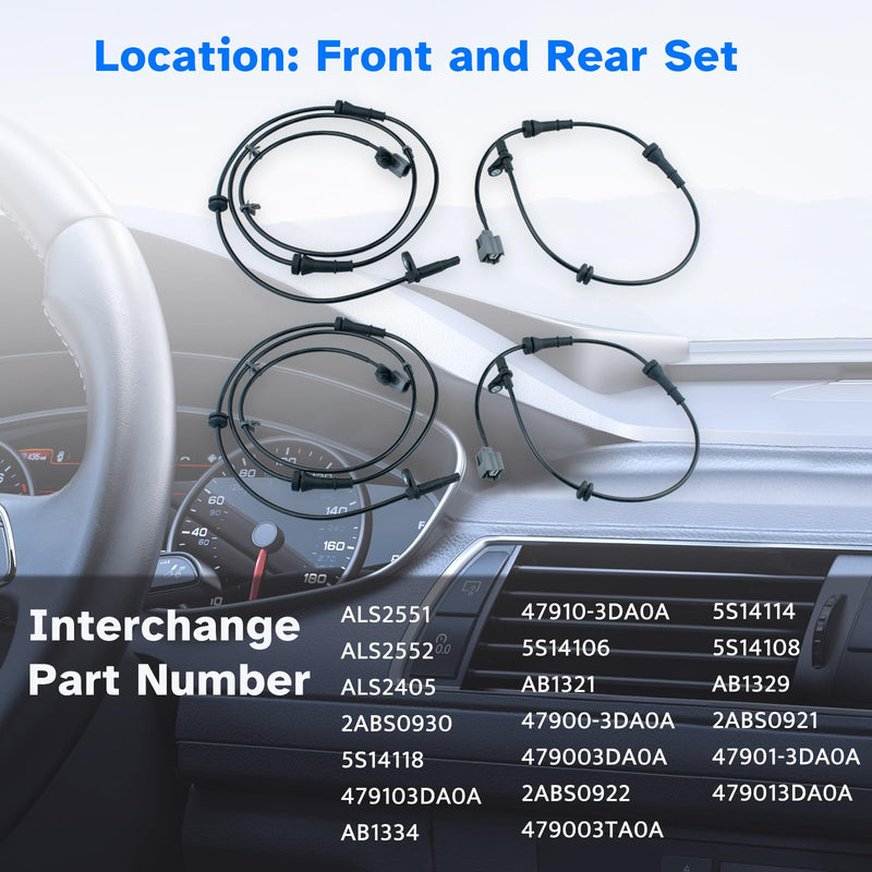ABS Wheel Speed Sensor Front Rear Left Right fit for Nissan Sentra 2013 2014 2015 2016 2017 2018 2019, Driver Passenger Side, ALS2551, ALS2552, ALS2405, 4pcs