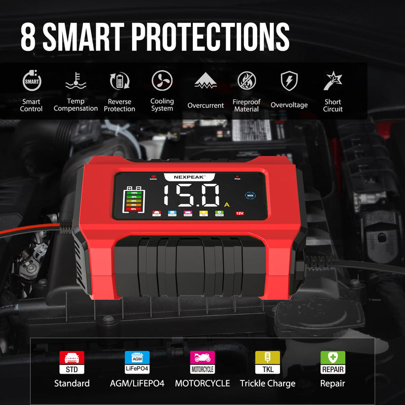  [AUSTRALIA] - NEXPEAK NC215 15-Amp Battery Charger, 12V 24V LiFePO4 Lead Acid Portable Car Battery Charger 9-Stage Trickle Charger Smart Battery Maintainer w/Temp Compensation for Car Truck Lawn Mower Boat Marine
