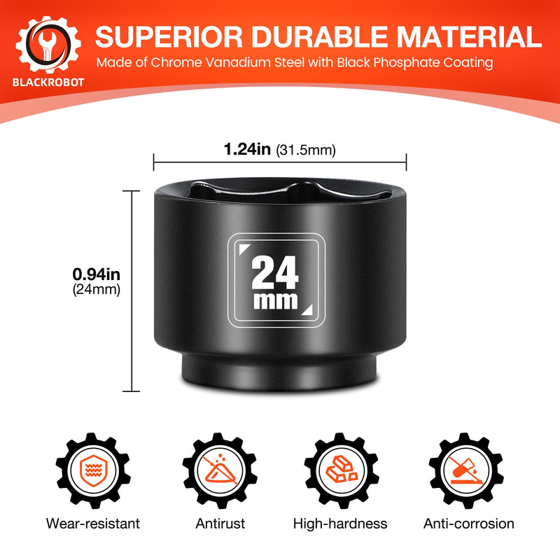 BLACKROBOT 24mm Low Profile Oil Filter Socket, 3/8" Drive 6-Point Oil Filter Cap Remover and Installer Tool, Chrome Vanadium Steel