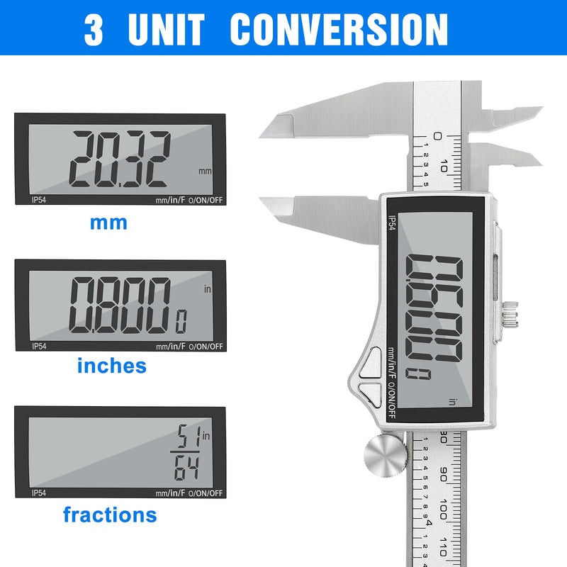 Adoric Digital Caliper, Caliper Measuring Tool Stainless Steel Vernier Caliper Digital Micrometer with Large LCD Screen, Easy Switch from Inch Metric Fraction, 0-6" Caliper Tool for DIY/Household 6" SS-Large LCD