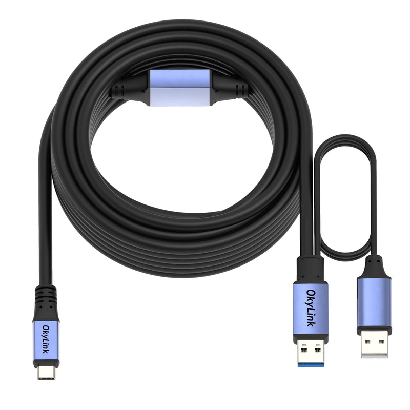 Active USB 3.0/3.2 Gen1 A to C Data Cable 50ft/15M – High-Speed 5Gbps, Signal Booster, Optional Power, Long-Distance Cable for VR, External Storage, Docking Station, Printer 50ft (15M) Black cable + Gray shell