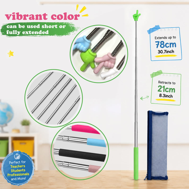 5pcs 30.7" Pointer Finger Stick for Teacher&Classroom, Teacher Must Have | with Pouch, Extendable Hand Pointer Finger, Classroom Essentials - Finger Pointer for School, Vlogging, Group Work, Reading