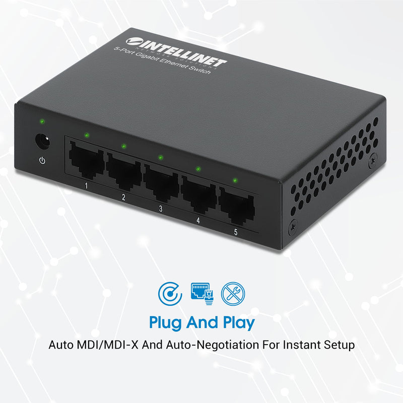 Intellinet 5-Port Gigabit Ethernet Network Switch, Ethernet Splitter - Unmanaged | Plug & Play | Auto Traffic Optimization | Fanless Metal Housing - for Computer Networking Hub, Desktop – 530378