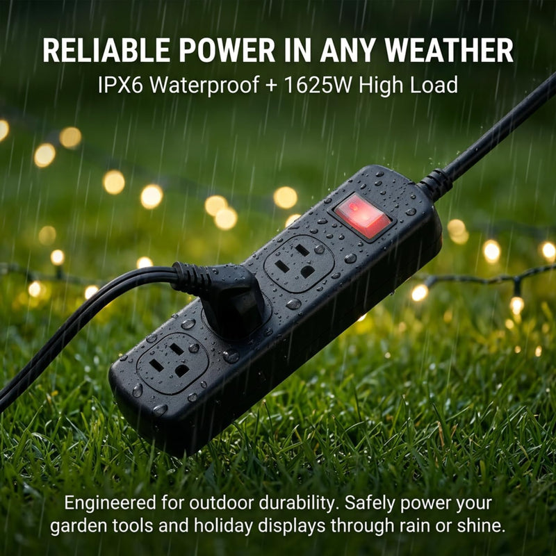 Outdoor Power Strip Weatherproof IPX6, Waterproof Surge Protector with 3 Wide-Spaced Outlets, Flat Plug Heavy Duty Extension Cord for Garden Patio Garage, Wall Mountable, 13A 1625W (Black, 3FT) Black