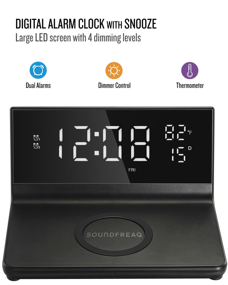Soundfreaq Charge Rise II, SFQ-20: Digital Alarm Clock, with Dual Alarms, Fast USB Charger and Wireless Charger (Black) Black