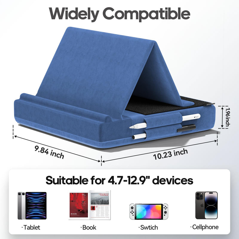 KDD Tablet Pillow Stand, Multi-Angle Viewing I-pad Holder for Lap, Bed and Desk, Foldable Soft Pad Dock with Stylus Mount Compatible with I-pad Pro 12.9, 10.5, 11, Air, Mini, Phones, Books, E-Reader Blue