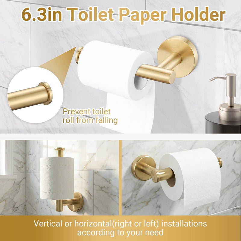 5-Piece Brushed Gold Bathroom Hardware Set, SUS304 Stainless Steel Wall Mounted Bathroom Accessories, 24 Inch Towel Bar, Towel Ring, Toilet Paper Holder, 2 Hooks, Rustproof Modern Bathroom Fixtures