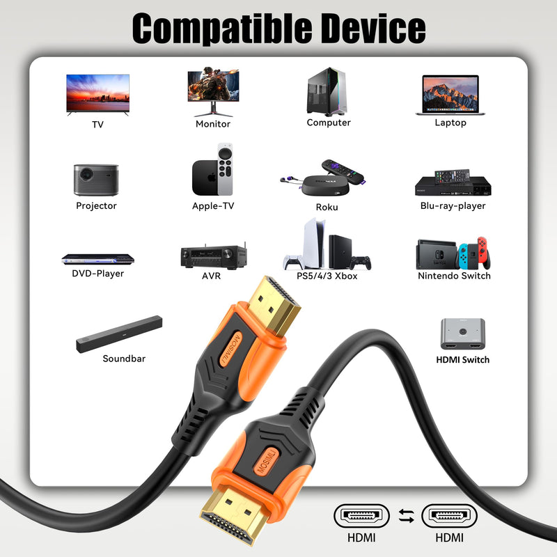 4K HDMI 2.0 Cable, 10FT, 5-Pack, 18Gbps | Long Reach for Home Theater and Gaming, 4K@60Hz, 2K@240Hz, HDR10, 3D, ARC, Dolby, HDCP 2.2 Orange