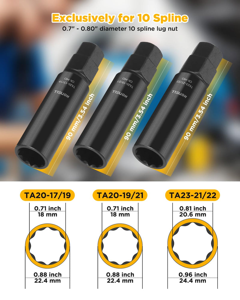 10 Spline Lug Nut Key, Thicker Wall 10-Spline Lug Nut Socket Set, Break-Resistant Wheel Lugnut Removal Tool for Aftermarket Locking Lug Nuts, Compatible with Bimecc Lug Nuts (3 Piece Set) 3 Piece Set