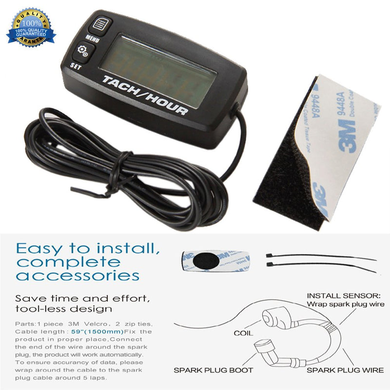 Engine Hour Meter Inductive Tachometer Backlit Gauge Digital Resettable Tach Hour Meter for Boat Motorcycle Marine Glider ATV Snow Blower Lawn Mower