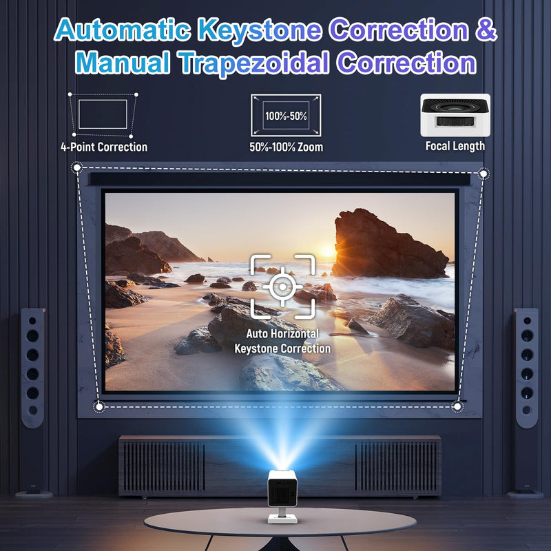 Mini Projector, 4K Portable Video Projector with WiFi6 & Bluetooth 5.4, 150 ANSI Lumen, Automatic Vertical Correction, 130'' Screen Home Cinema Smart Projector for Phone, PC, HDMI USB, Laptop P3 White