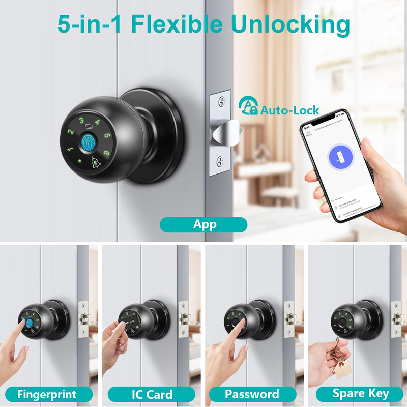 Kuelor Smart Lock Fingerprint Door Lock, 5-in-1 Keyless Entry Door Handle with Keypad & Doorbell, Touch/Code/Card/Key/App Control for Home Office Airbnb A-Black