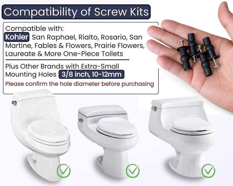 3/8" Dia Toilet Seat Screws Replacement Kit for Select Kohler One-Piece Toilet - Top Mount Hinges Toilet Bolts with Rubber Anchor Nuts, Compatible with Kohler Toilet Seat Parts K-84999 & K-85040-4PC Special styles fit 10-12mm holes