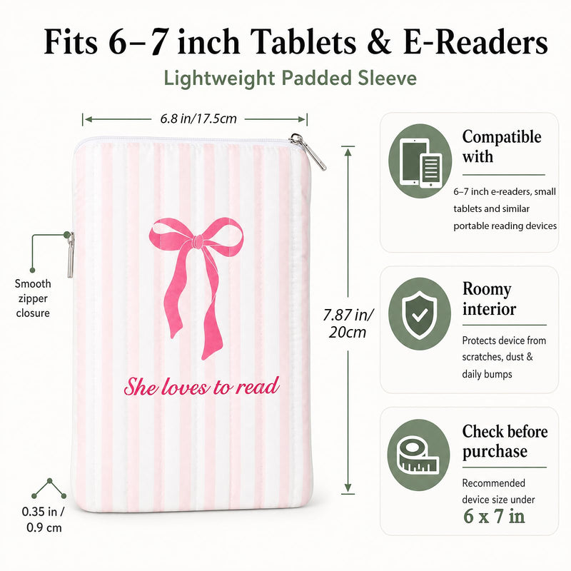 Padded Ereader Sleeve for Kindle - Protective Book Sleeve Pouch | for 6-7 Inch Paperbacks Tablet Carrying Pink Bow Reading Accessories Bookworms Reading Lovers Women Friends Birthday Gifts