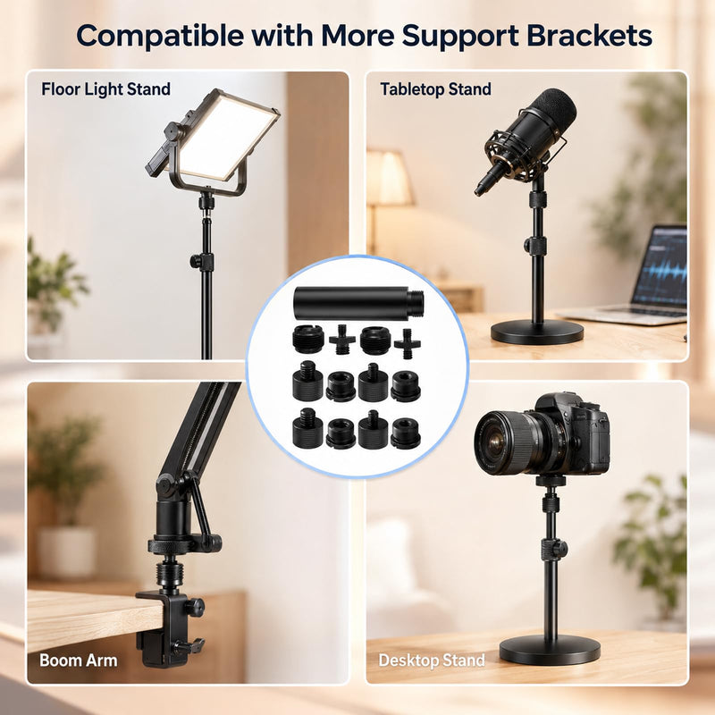 13 PCS 3/8 to 5/8 and 1/4 Mic Stand Adapter Set, Black | Microphone Stand Screws with Extension Tube Aluminum Alloy Mic Thread Mount for Boom Arm Camera Tripod Projector Fill Light