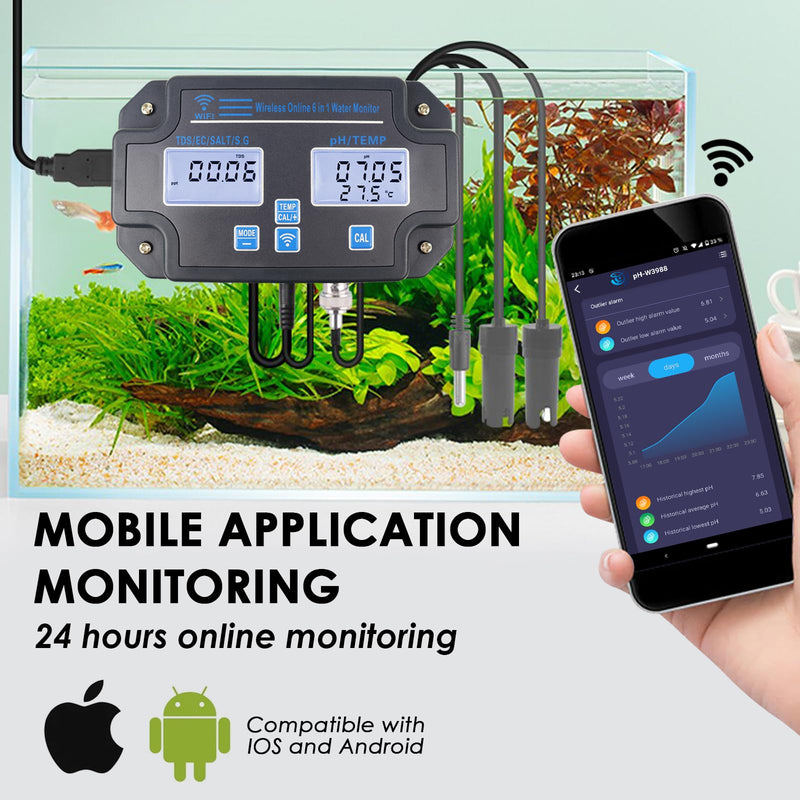 Water Quality Tester pH/EC/TDS/Salinity/SG/Temperature with Easy Calibration 24Hrs Online APP Monitoring for Fish Tank Aquariums Home Laboratory Smart Instrument 6 in 1 Digital pH Meter