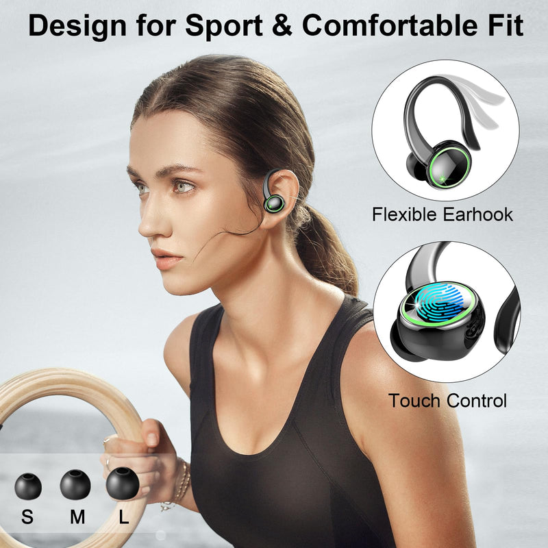 Wireless Earbuds Sports, Bluetooth 5.4 Headphones Hifi Stereo, Fitness Headset for Gym Running Workout, ENC Noise Cancelling Mic, Over Ear Buds with 50H Playback, IP7 Waterproof, Earhooks Design Black