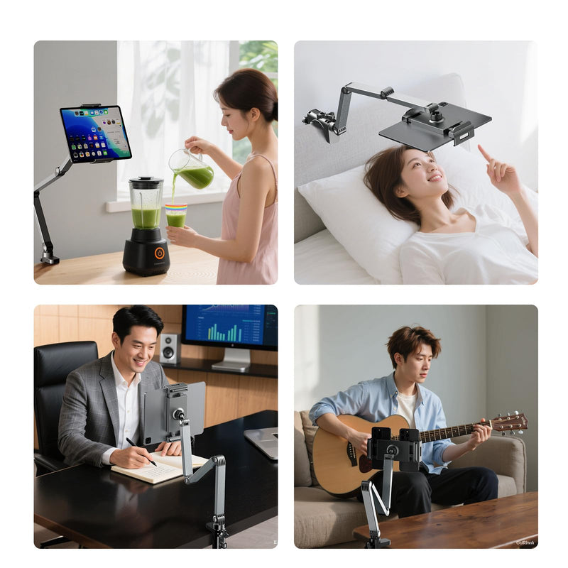 Aluminum Alloy Rotatable Plate Bracket Holder, Mechanical Arm, Universal Cantilever, Universal Metal Desktop Dual Device Bracket, for iPhone, iPad, Tablet, PC Phones