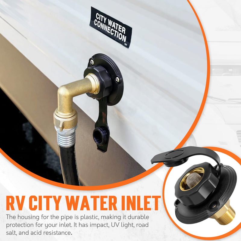 TONDA RV City Water Inlet with Check Valve, Brass Thread RV Water Fill Inlet Replacement, RV Water Hose Connector for Camper, Trailer, Motorhome Black
