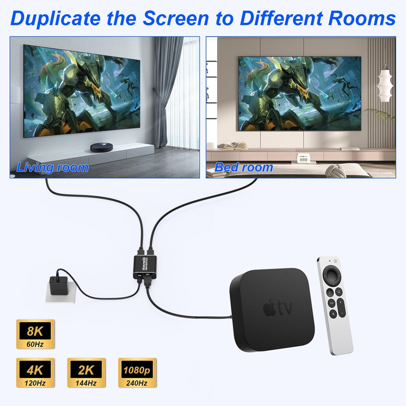 8K@60Hz HDMI Splitter 1x2 4:4:4, 48 Gbps, HDMI 2.1 Splitter 1 in 2 out with Auto, Copy, Adaptive EDID Mode, 4K 120Hz HDMI Duplicator, Dynamic HDR & VRR Mode,Compatible with Xbox PS4 PS5 Blu-ray Player