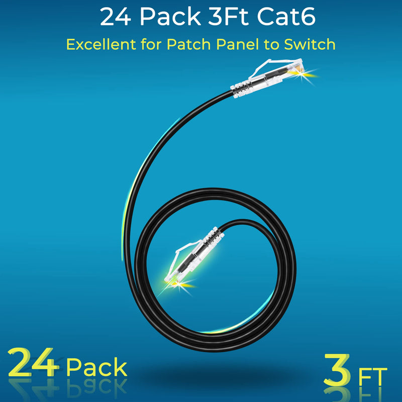 Rapink Patch Cables Cat6/ Cat6a 3ft (24 Pack) Slim, Cat6a Ethernet Patch Cable 10G Support, Snagless Cat 6 Patch Cable for Patch Panel to Switch, Flexiable Cat6 Ethernet Cable Black