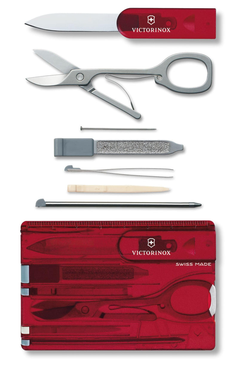 Victorinox Swiss Card Classic Swiss Army Knife, 10 Functions, Swiss Made Pocket Knife with Scissors and Pressurized Ballpoint Pen - Ruby | Multitool for wallet | multitool for purses | toolkit card