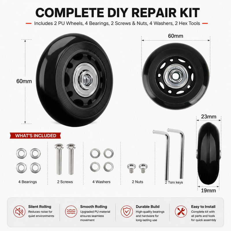 Replacement Wheels for Pelican 1510 and 1560 Cases, 2 Pack | Polyurethane construction helps absorb vibration for quieter rolling; bearings, hardware and hex tools included