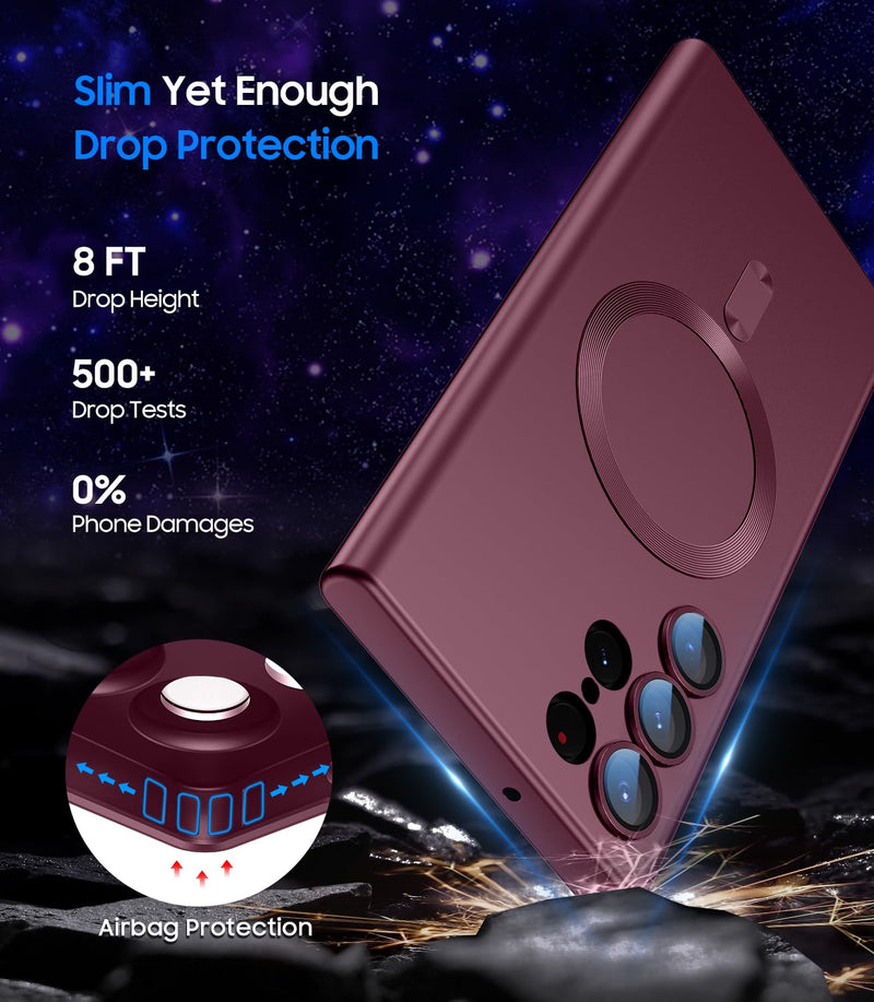 LEKEVO Magnetic for Samsung Galaxy S24 Ultra Case [Compatible with MagSafe][Built-in Camera Lens Protector] Slim Soft Silicone Bumper Shockproof Metallic Luster Phone Case (Burgundy) Burgundy