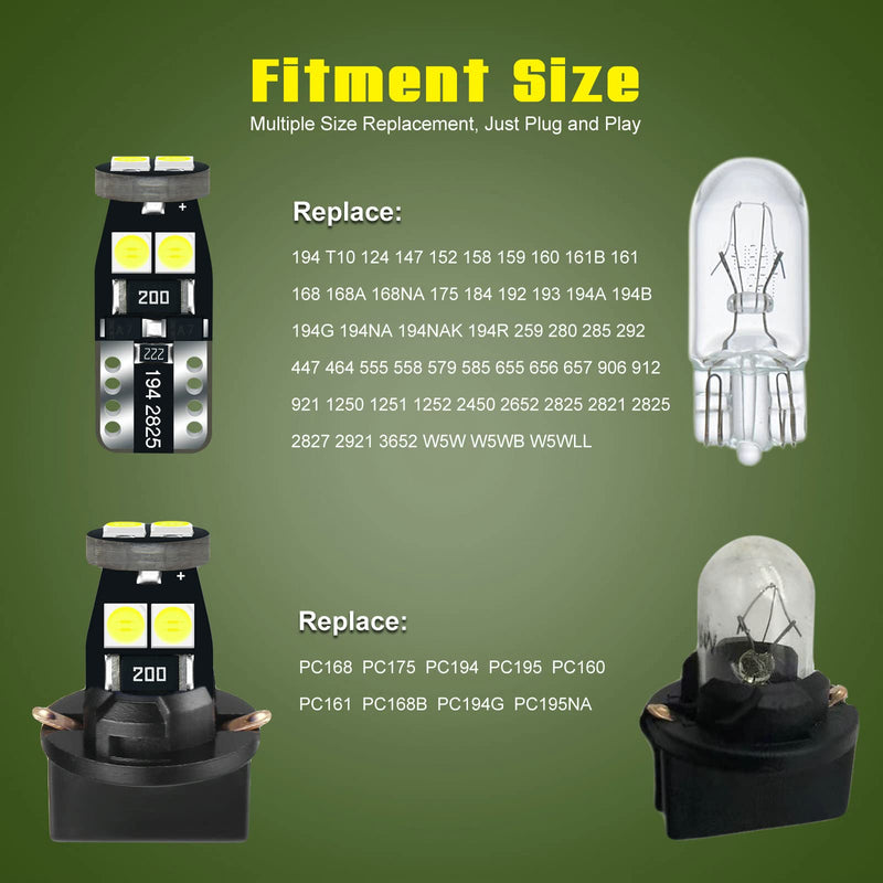12V White T10 W5W 158 168 194 2825 Instrument Cluster Light LED Bulb Replacement For Dashboard Dash Panel Gauge Indicator Lamp with Socket Cross PC168 PC175 PC194 PC195 PC160 PC161 PC195NA