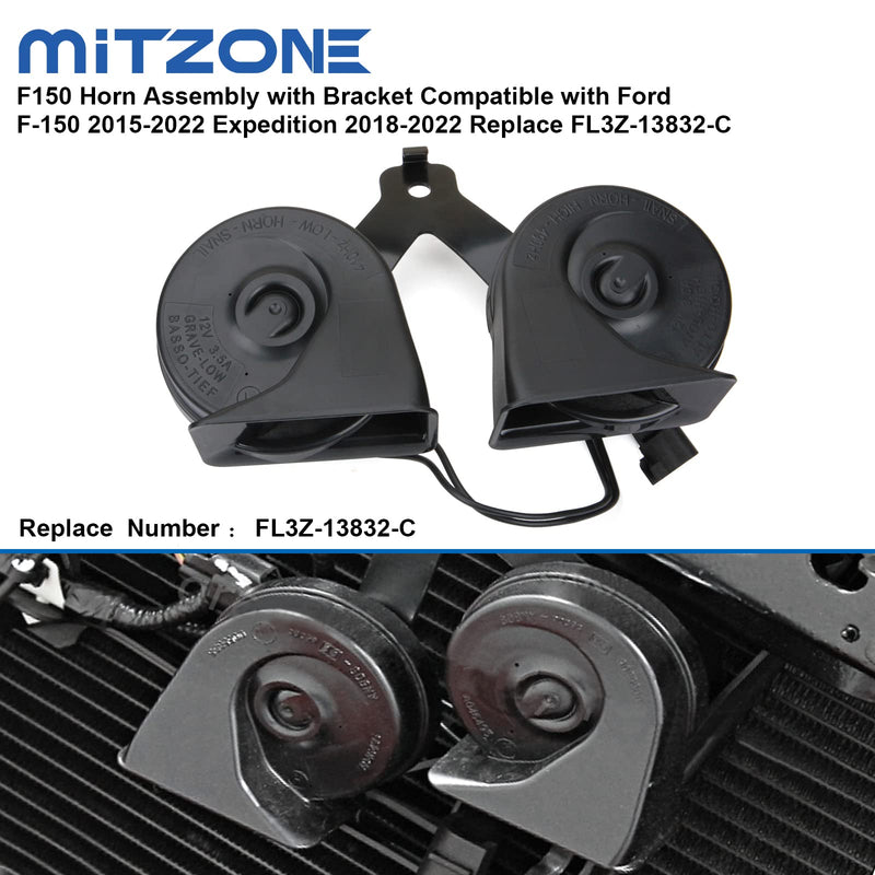 MITZONE F150 Horn Assembly With Bracket Compatible with Ford F-150 2015-2022 Expedition 2018-2022 Replace FL3Z-13832-C Black