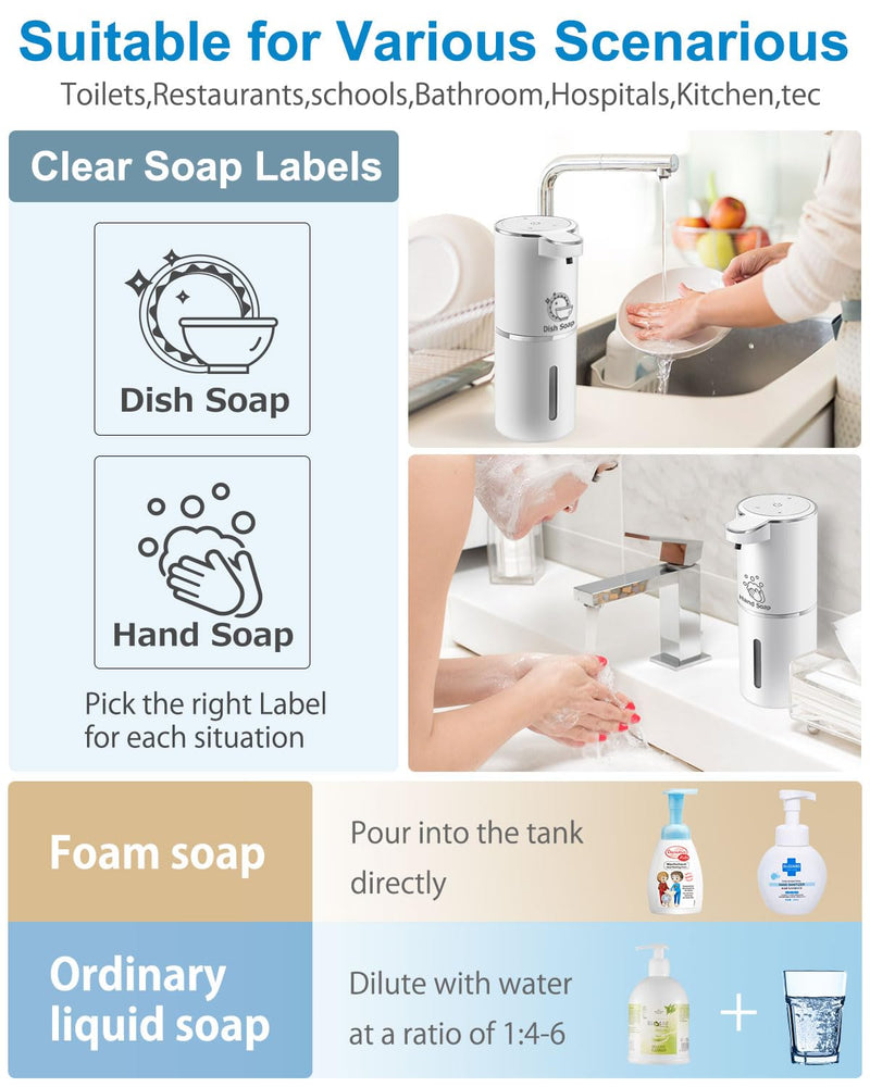 Automatic Foaming Soap Dispenser, 4-Level Adjustable Foam, Wall Mount, USB Rechargeable, 12.8oz/380ml, Touchless Hand & Dish Soap Dispenser for Bathroom, Kitchen, Hotel, Restaurant White