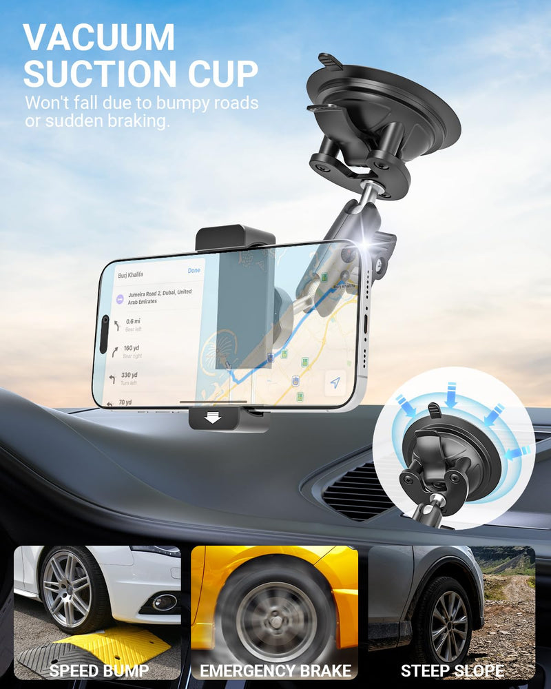 Vacuum Suction Cup Phone Mount for Car Truck Helicopter Airplane | Metal 360° Rotatable Windshield Dashboard Firm Grip Smartphone Holder, Fit for iPhone17 16 Pro Max 15 14, and 4-7" Cellphone
