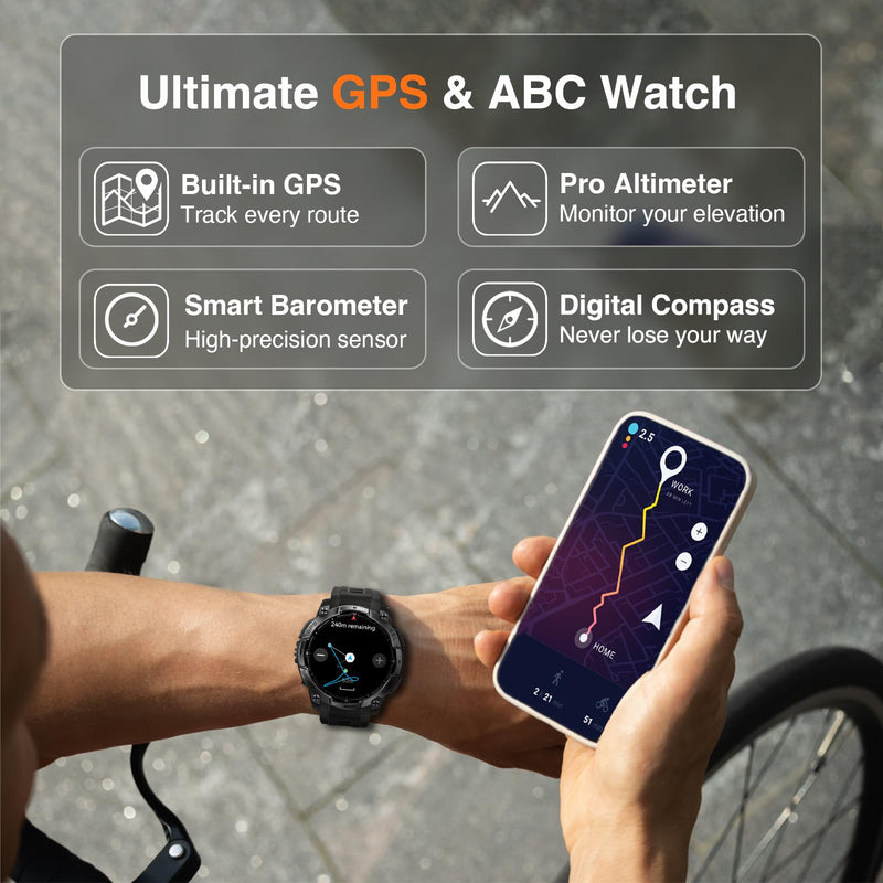 Military Smart Watches for Men, Built-in GPS & Compass, 30-Day Standby | 1.43" AMOLED Rugged Outdoor with LED Flashlight, Barometric Altimeter, 170+ Sports Modes, Compatible with Android & iPhone Black