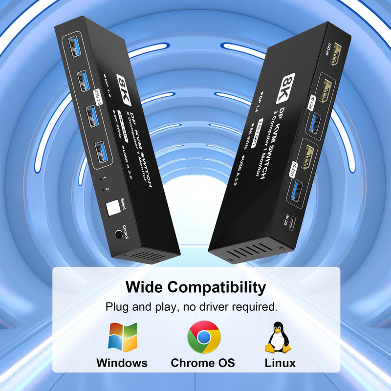 8K@60Hz DisplayPort KVM Switch 1 Monitors 2 Computers, USB KVM Switches with 4 USB 3.0 Ports Sharing Keyboard Mouse Printer, Display Port Switch 2 in 1 Out, Monitors Switcher for 2 Computers